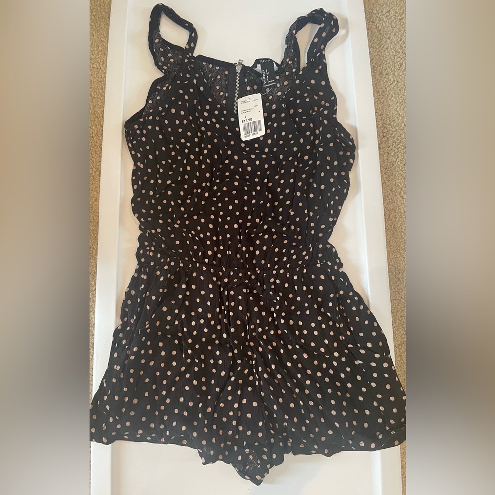 Black with cream polka dot romper